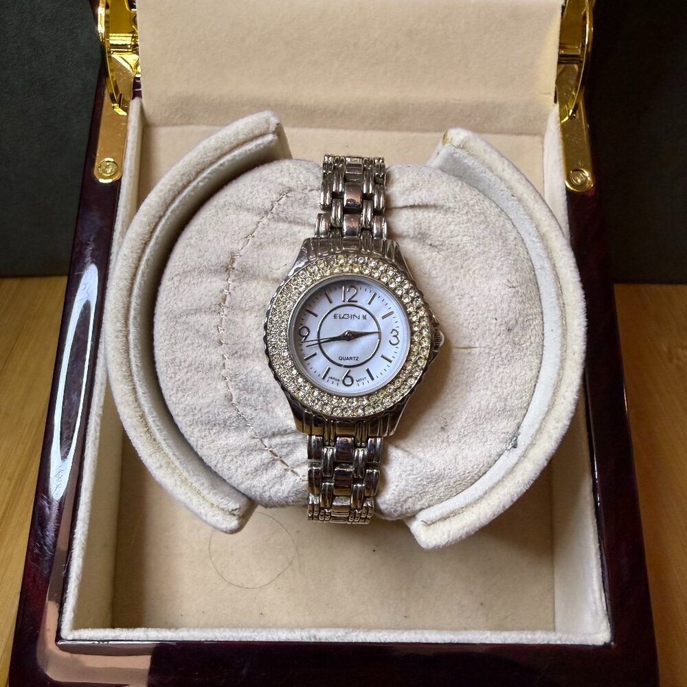 Vintage Elgin II Ladies' Silver Tone + Crystals Pearl Watch EL20152, 30mm